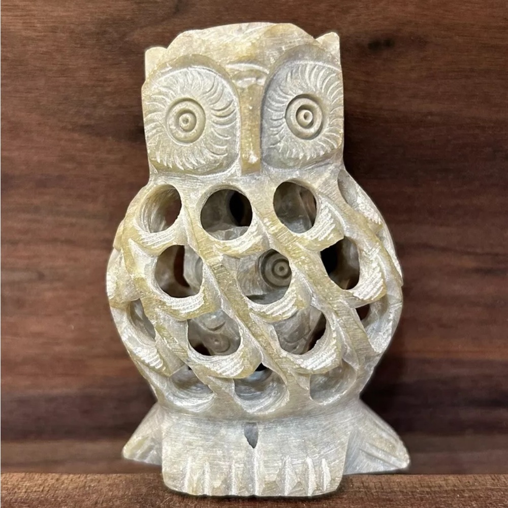 MCM Vintage Carved Soapstone Figurine - 3" Mother Owl with Baby Owl Inside - Tan